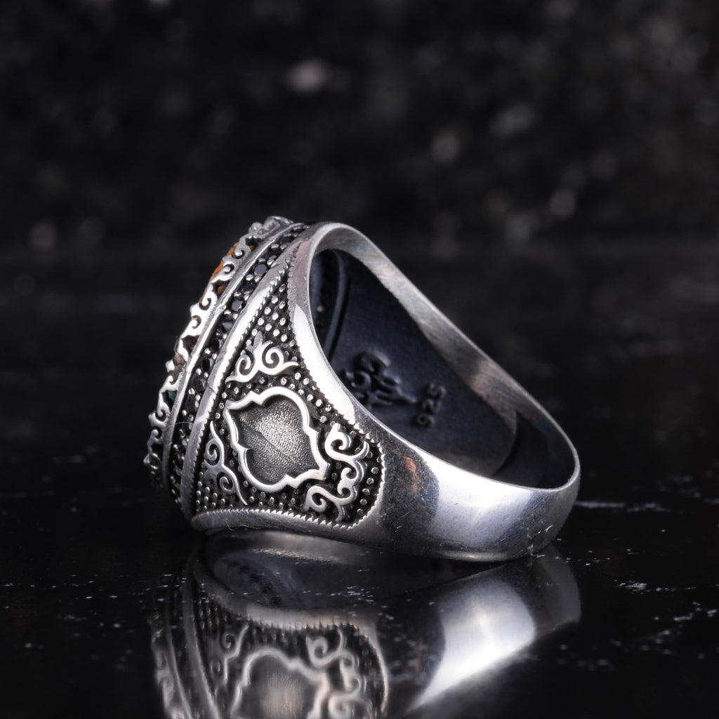 KAMBO Turquoise Stone Men's Ring 925 Sterling Silver – Natural Turquoise Statement Ring – Vintage Ottoman Style Handmade Men's Ring (Turquoise-3) — 7