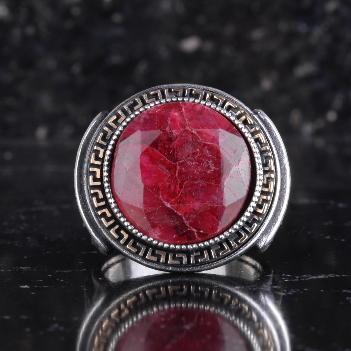 KAMBO Stone Round Men's Ring 925 Sterling Silver – Cabochon Handmade Vintage Greek Pattern Statement Ring (Ruby) — 4