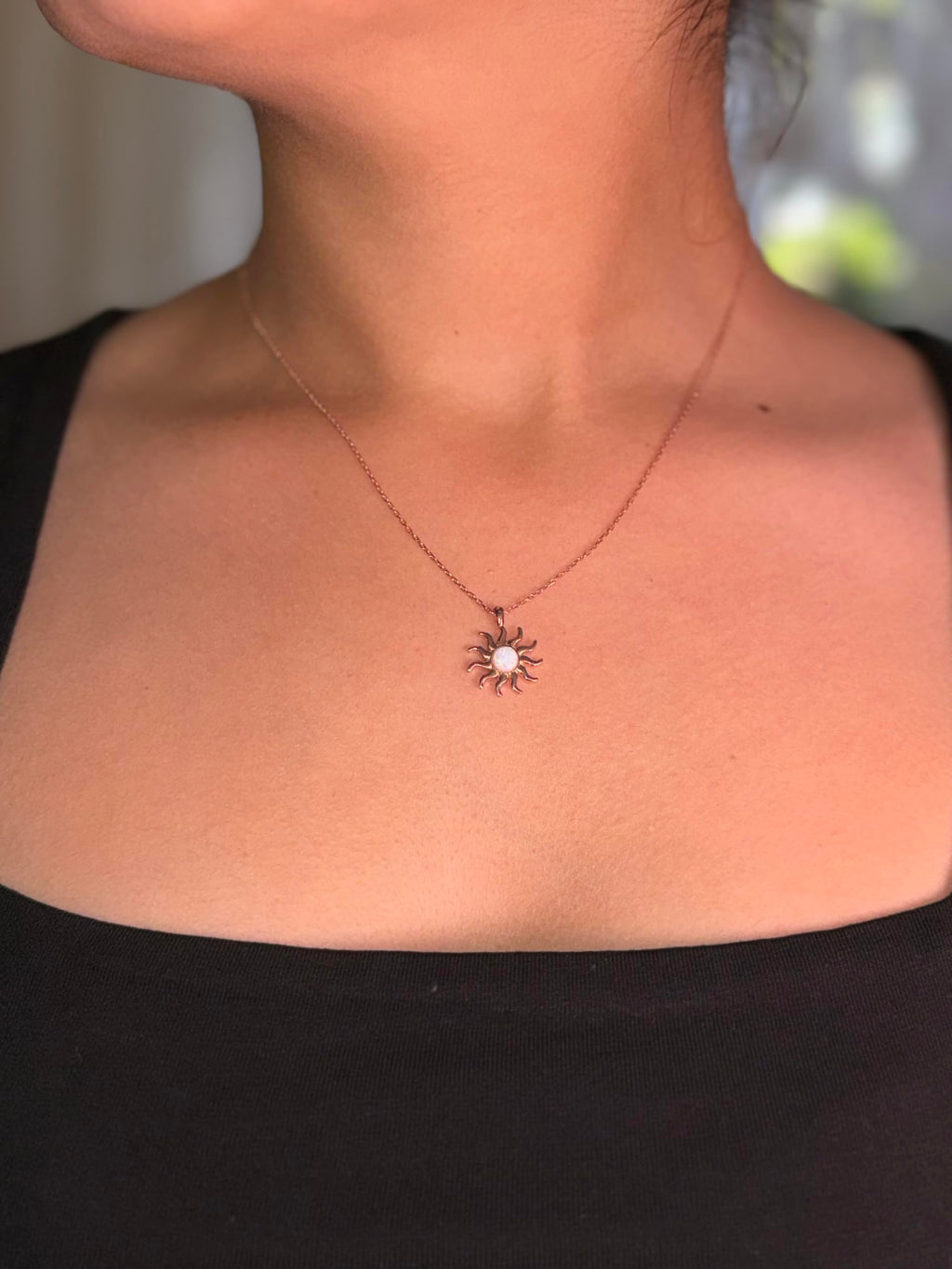 KAMBO Silver Rose Gold Plated Sun Necklace - Centered with Opal Stone — 3