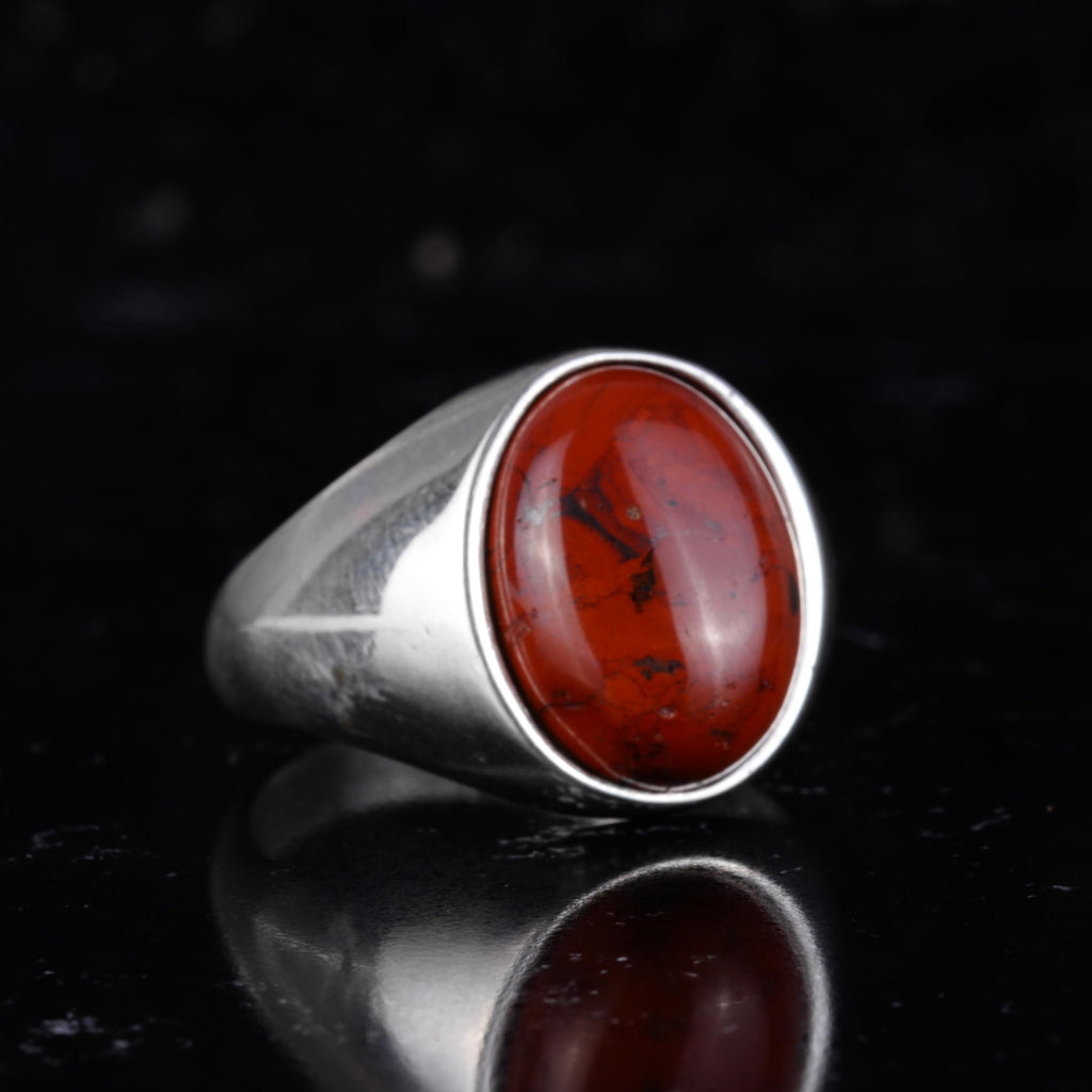 KAMBO Natural Men's Ring – 925 Sterling Silver Minimalist Oval Stone Ring – Handmade Classic Statement Jewelry (Red Bloodstone) — 6