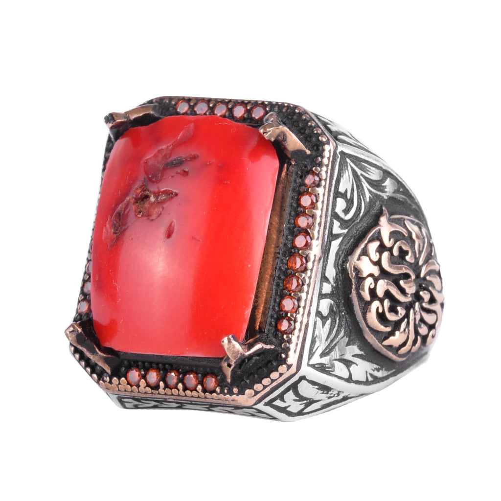 KAMBO Natural Red Coral Large Men's Ring - 925 Sterling Silver Rectangular Seal Ring, Handmade Vintage Jewelry