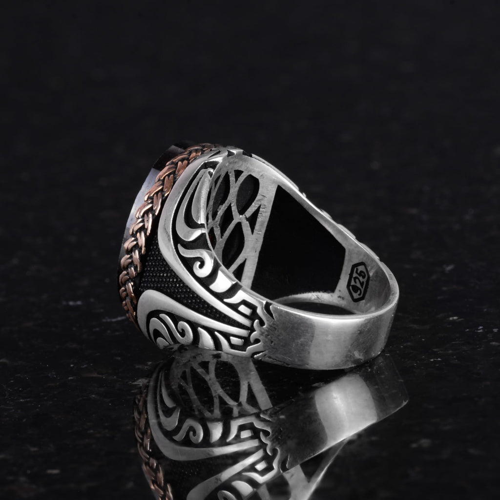 Kambo 925 Sterling Silver Men's Ring - Unique Handcrafted Ring with Synthetic Garnet Stone — 7