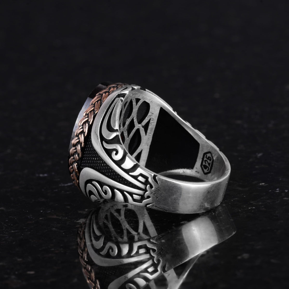 Kambo 925 Sterling Silver Men's Ring - Unique Handcrafted Ring with Synthetic Garnet Stone — 7