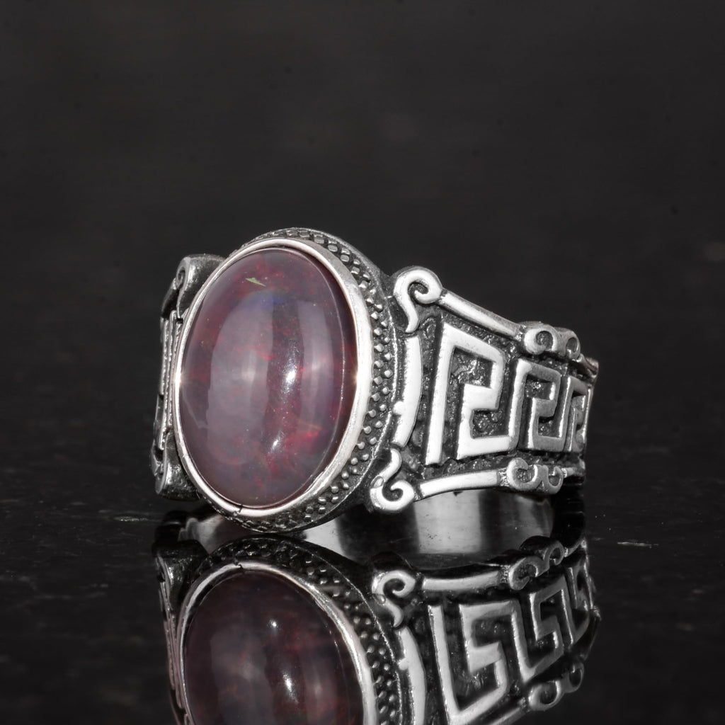 Handmade 925 Sterling Silver Men's Ring with Natural Ethiopian Opal Stone - Labyrinth Design — 6