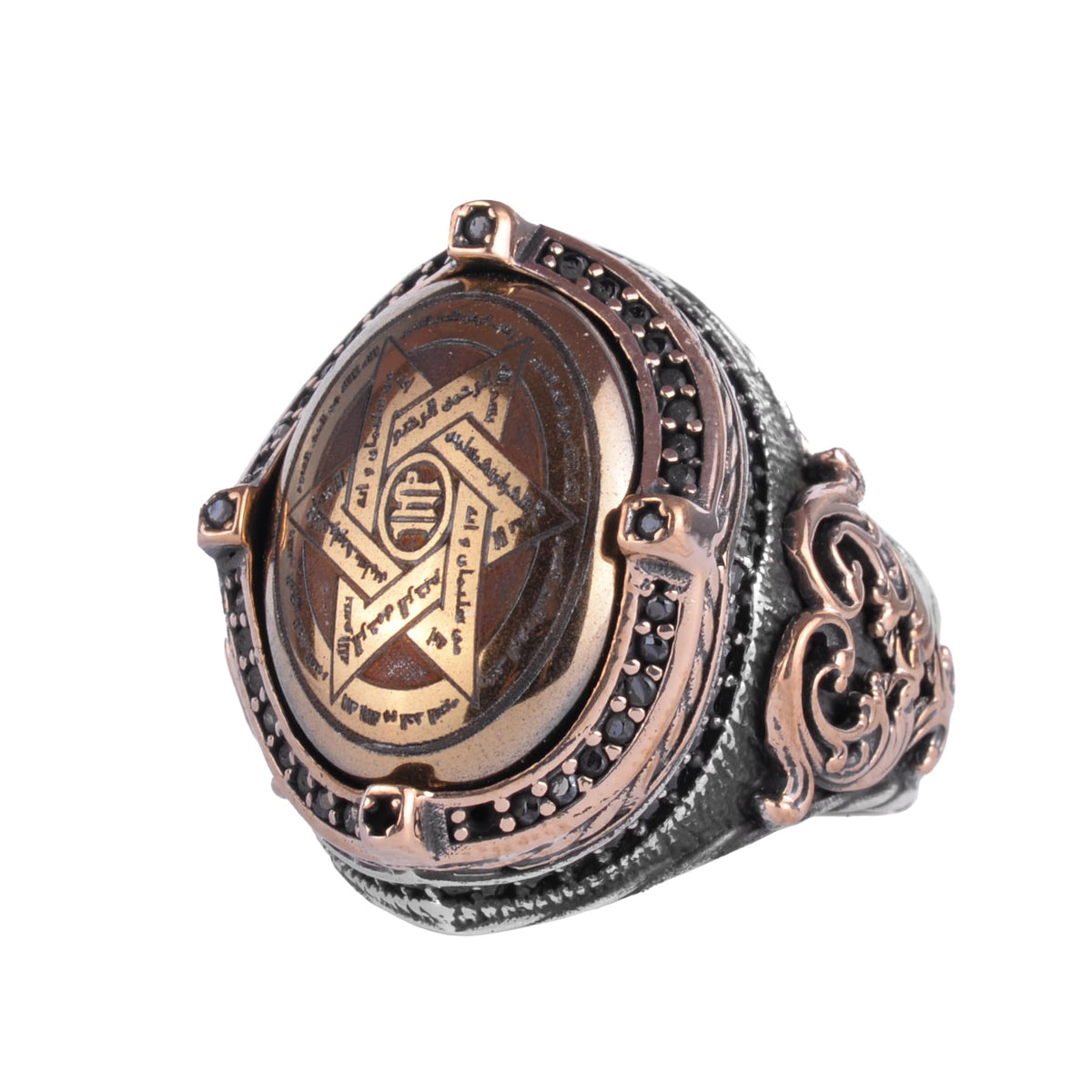 KAMBO Natural Hematite Stone Men's Ring – 925 Sterling Silver Bronze Detailed Framed Oval Statement Ring – Handmade Vintage Figurative Design