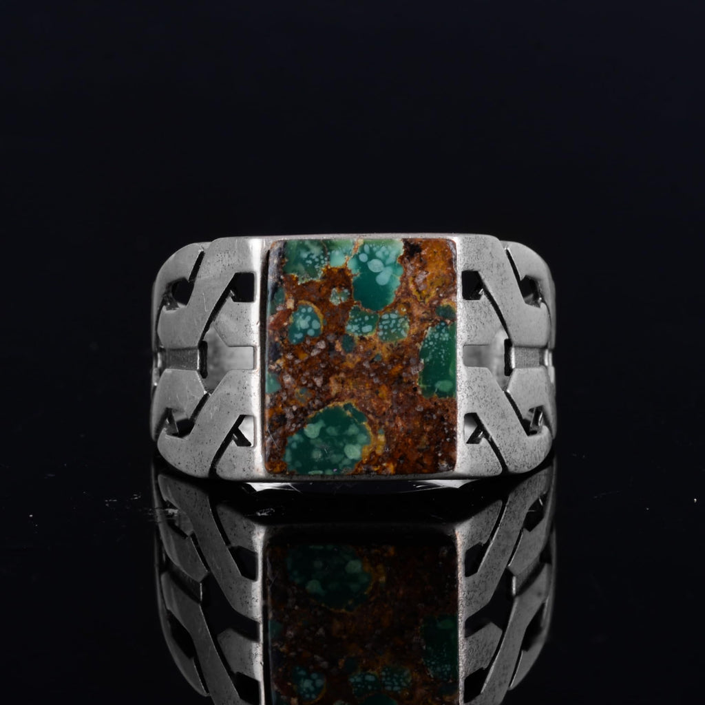 KAMBO Handmade Natural Turquoise-2 Rectangular Men’s Ring in 925 Sterling Silver – Gothic Geometric Vintage Statement De