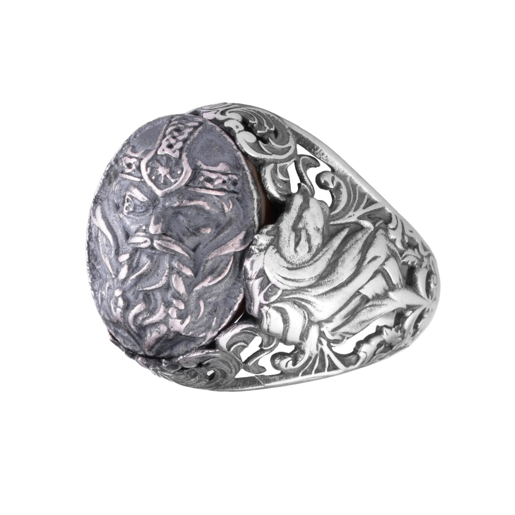 KAMBO Symbol Ring for Men 925 Sterling Silver - Viking Warrior Seal Ring for Men - Flower Engraved Men's Jewelry - Scandinavian Warrior Statement Ring