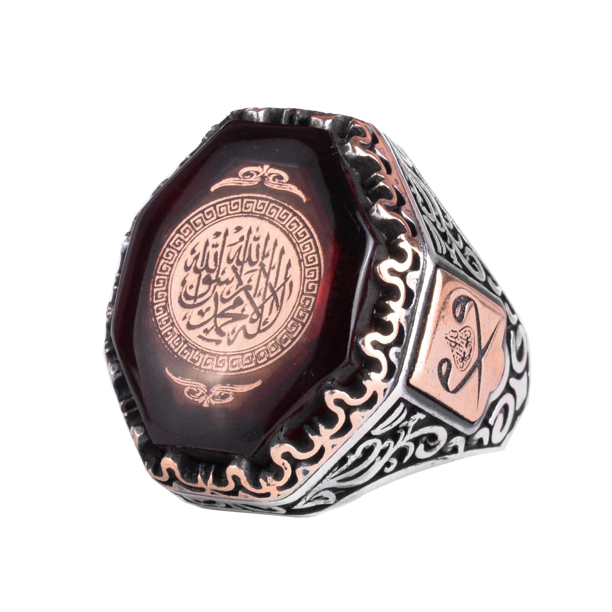 KAMBO Big Created Amber Stone Ring for Men – 925 Sterling Silver Islamic Ring with Shahada Inscription & Ottoman Tughra 