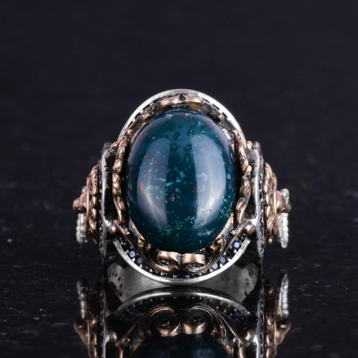 Lion Head Ring, Green Blood Stone Ring - 925 Sterling Silver — 4