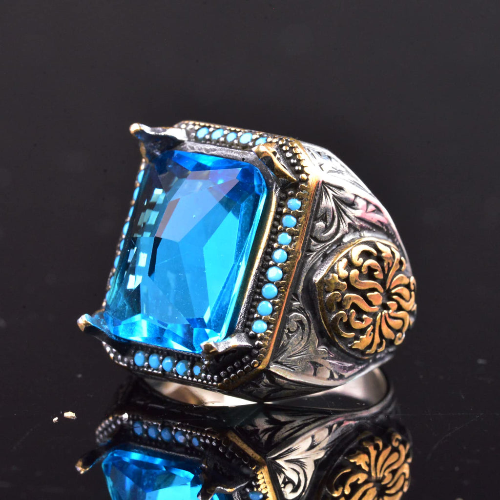 925 Sterling Silver Men's Ring, Artificial Aquamarine Stone and Fine Detailed Design — 4
