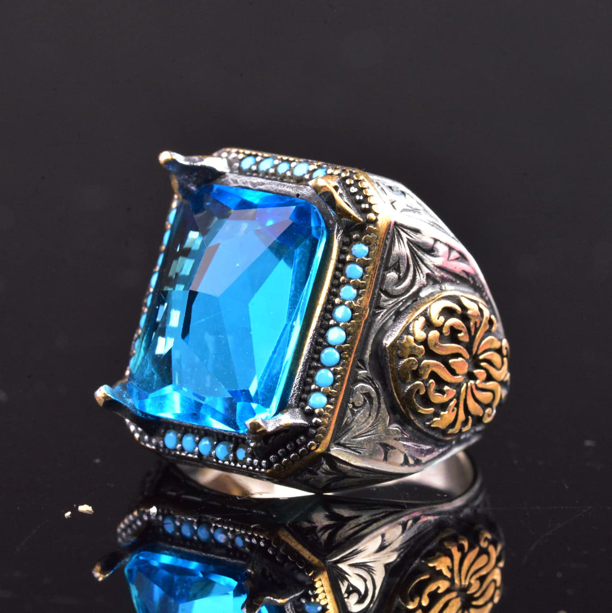 925 Sterling Silver Men's Ring, Artificial Aquamarine Stone and Fine Detailed Design — 4