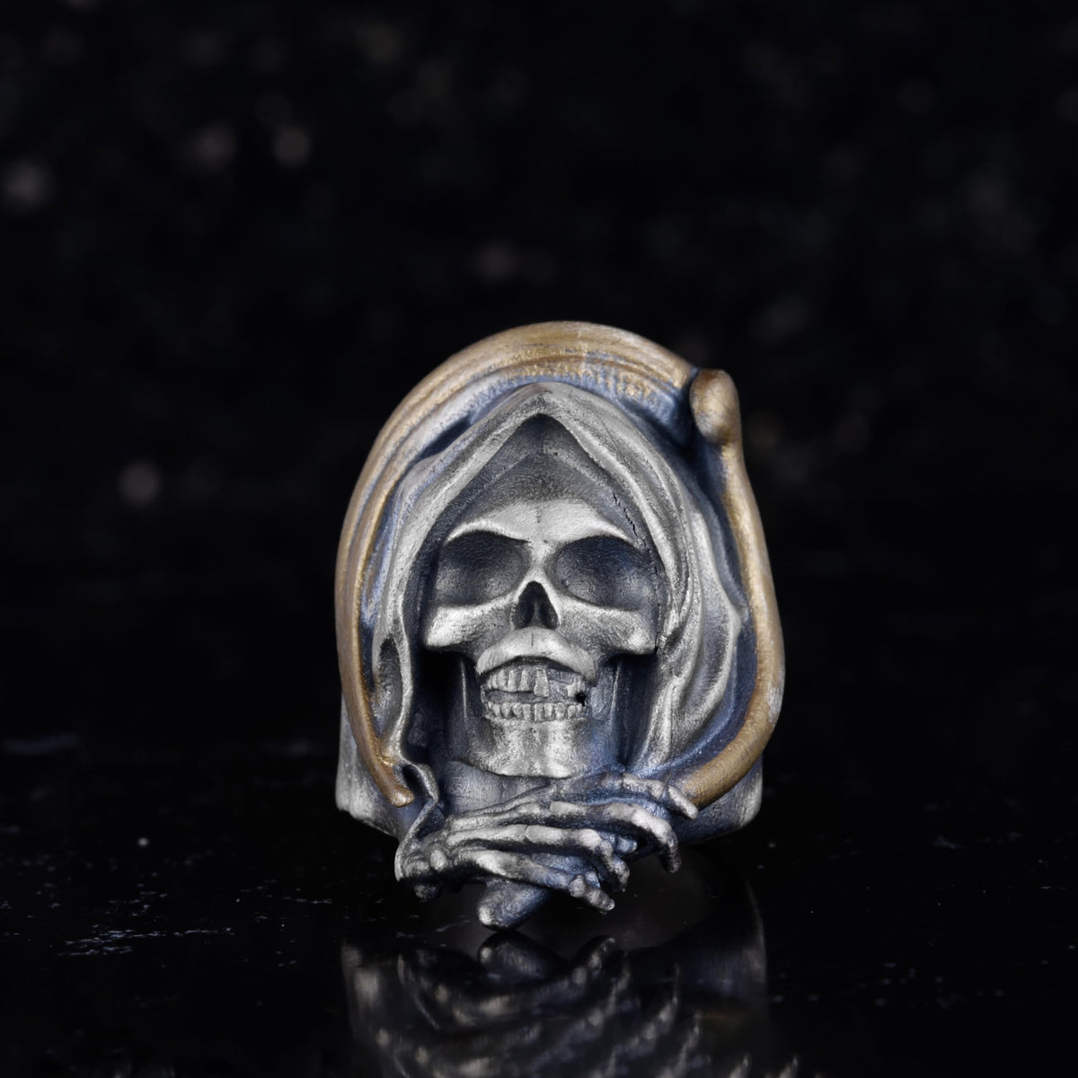 KAMBO 925 Sterling Silver Death Angel Skull Ring – Gothic Men's Silver Ring – Handmade Biker Jewelry – Skeleton Hooded Design (Gold Plated) — 4