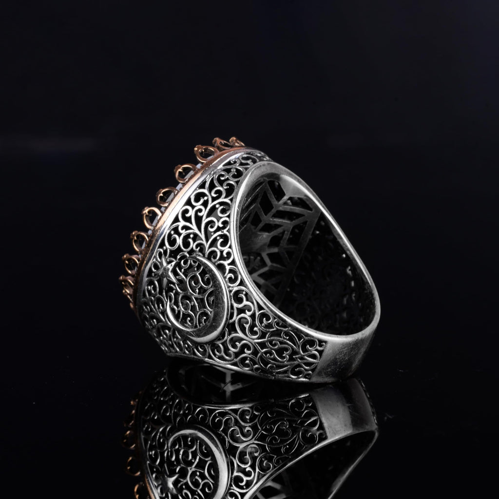KAMBO Pearl Stone Men's Large Ring – 925 Sterling Silver Star and Moon Side Design (Double Headed Eagle) — 7