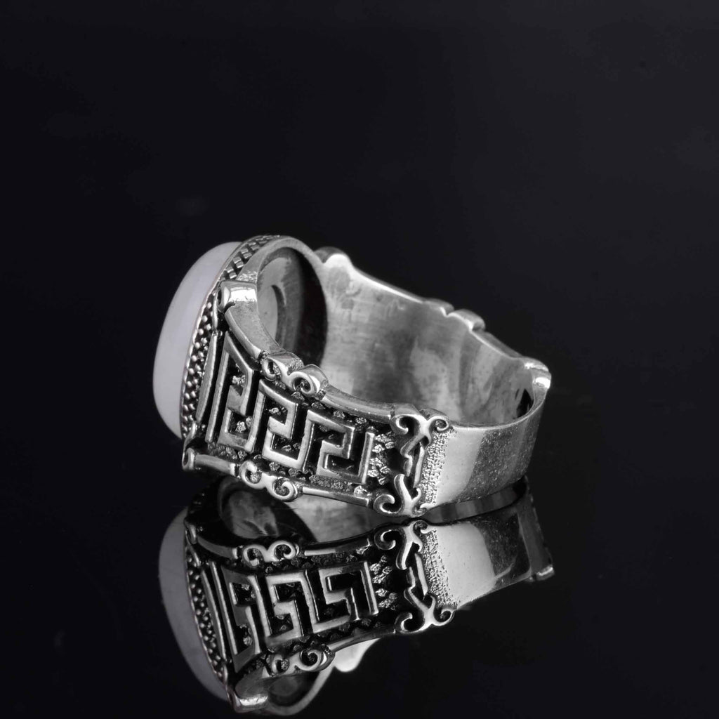 KAMBO 925 Sterling Silver Natural Stone Men's Ring – Labyrinth Pattern Handmade Vintage Statement Ring (Moonstone) — 7
