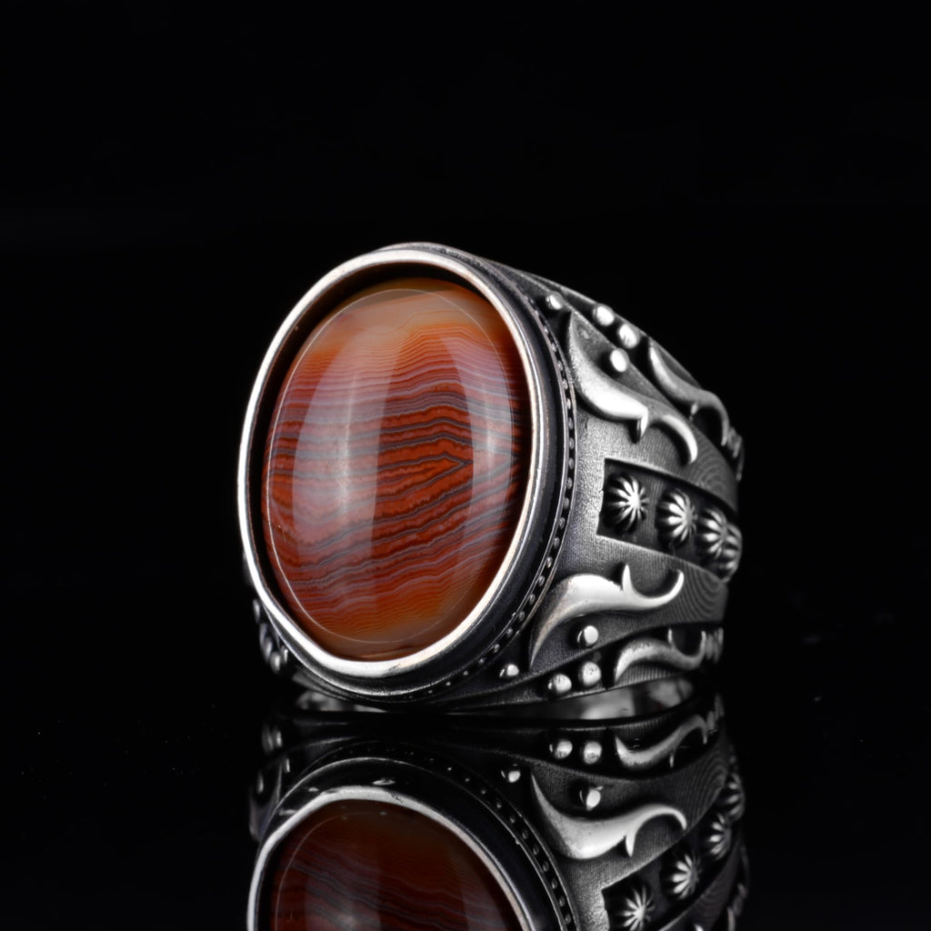 KAMBO Men's Natural Agate Ring – 925 Sterling Silver Flower Pattern Ring – Handmade Vintage Style Men's Statement Ring (Agate-12) — 5