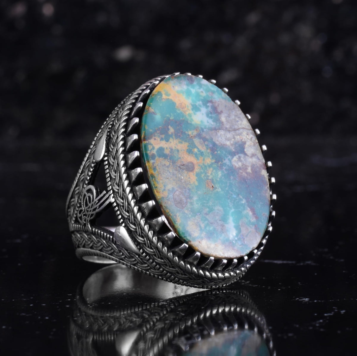 KAMBO Natural Turquoise Stone Large Men's Ring 925 Sterling Silver Oval Cabochon Ottoman Tugra Engraved Handmade Statement Ring (Turquoise-1) — 6