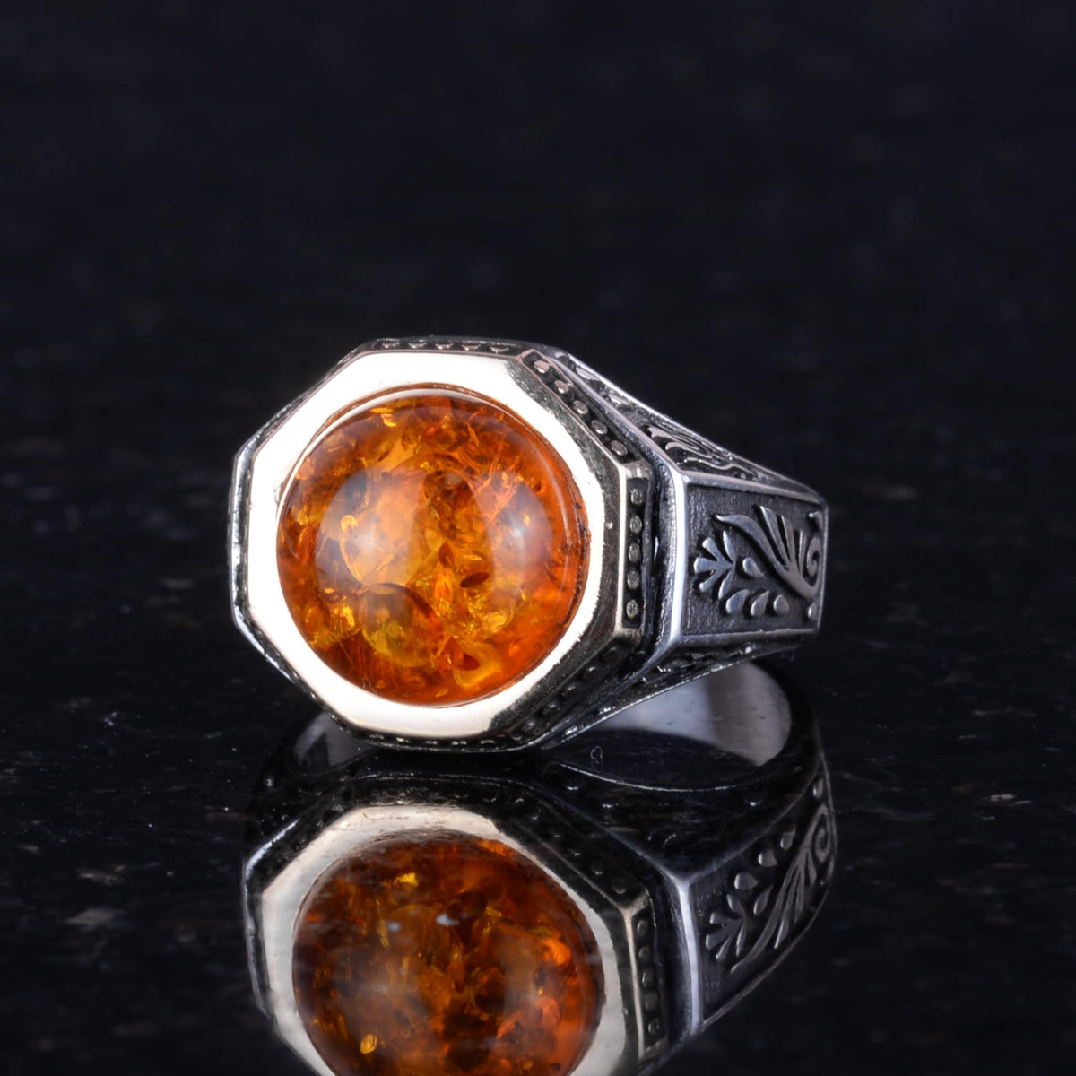 925 Sterling Silver Men's Ring - Amber Stone Minimalist Ring — 3
