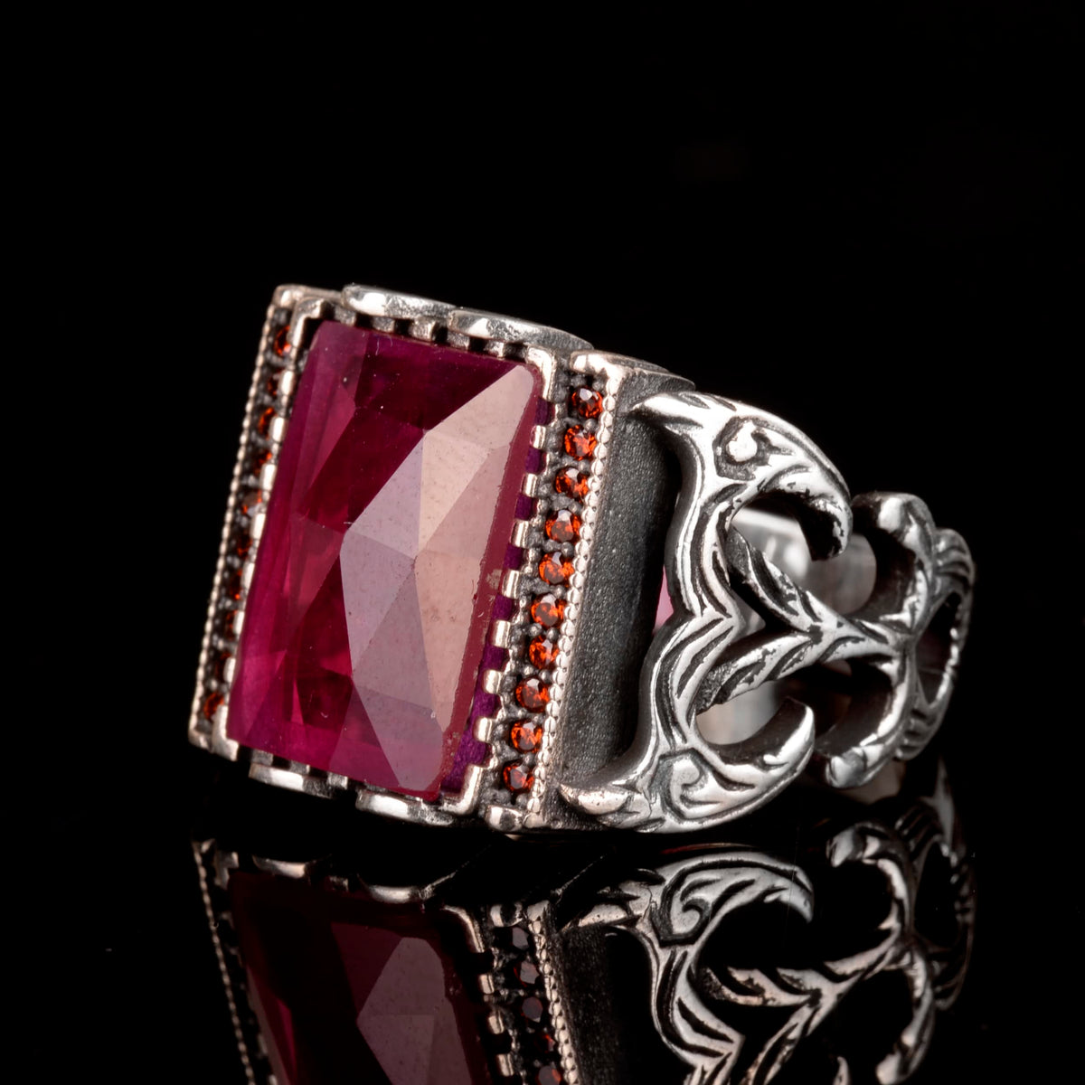 925 Sterling Silver Men's Ring - Synthetic Ruby Stone - Luxurious and Elegant Red Gemstone Ring — 4