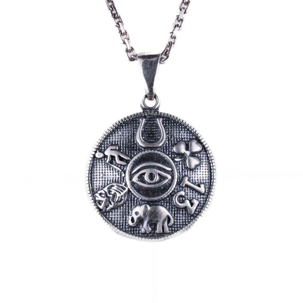 KAMBO 925 Sterling Silver Lucky Charms Necklace - Eye of Horus, Horseshoe, Elephant, Handmade Unique Necklace