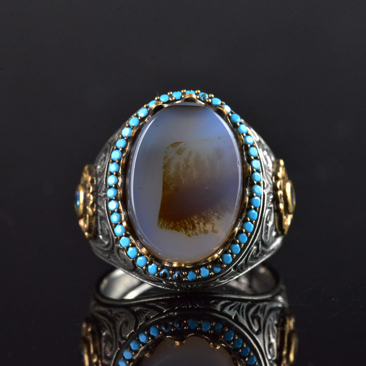 Natural Yemen Agate Stone Ring, Handmade Tugra Design, 925 Sterling Silver Men's Ring — 6