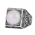 KAMBO Natural Round Stone Square Men's Ring 925 Sterling Silver – Ottoman Pattern Handmade Stone Ring (Rose Quartz)