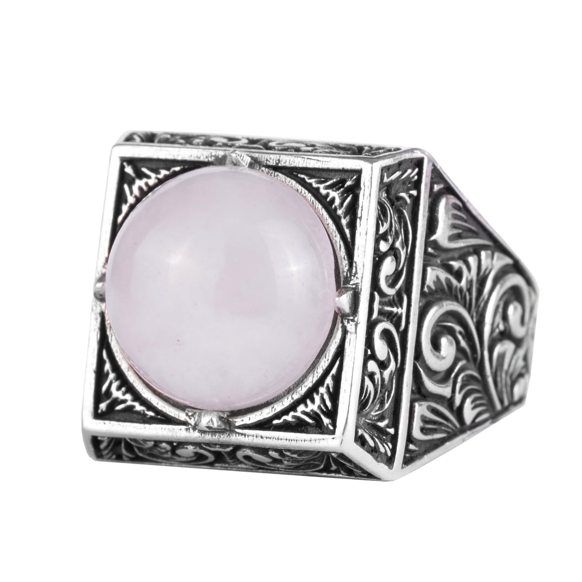 KAMBO Natural Round Stone Square Men's Ring 925 Sterling Silver – Ottoman Pattern Handmade Stone Ring (Rose Quartz)