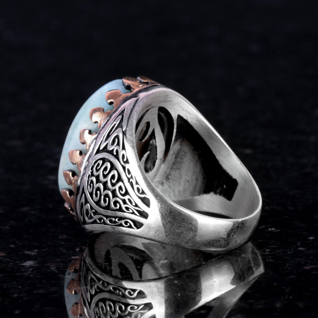 925 Sterling Silver Men's Ring - Handmade Elegance with Natural Larimar Stone — 6