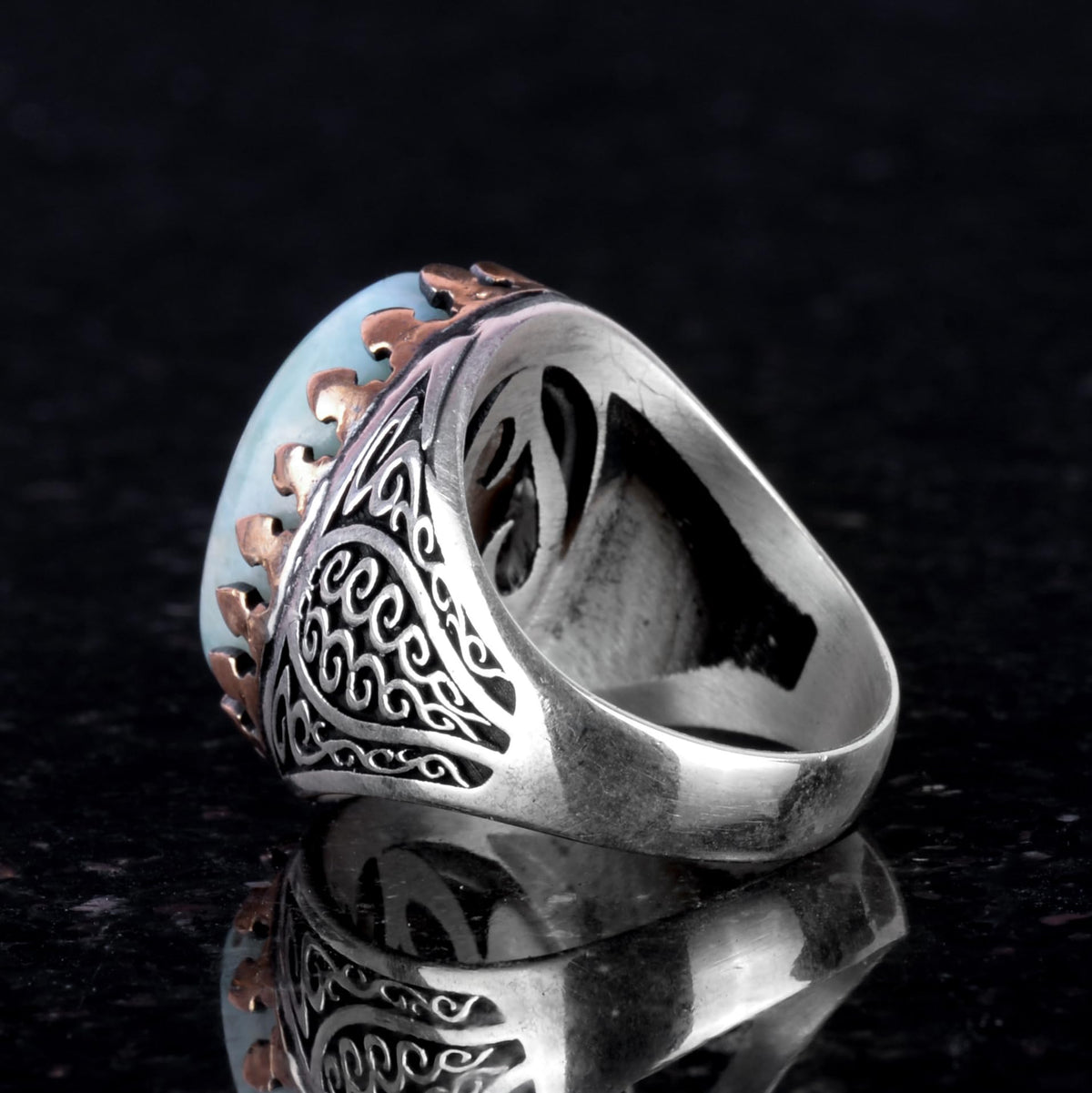 925 Sterling Silver Men's Ring - Handmade Elegance with Natural Larimar Stone — 6