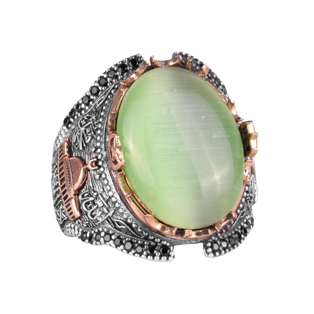 Light Green Cat's Eye Synthetic Stone Ring, Kaaba Silver Ring, 925 Sterling Silver Synthetic Stone Ring