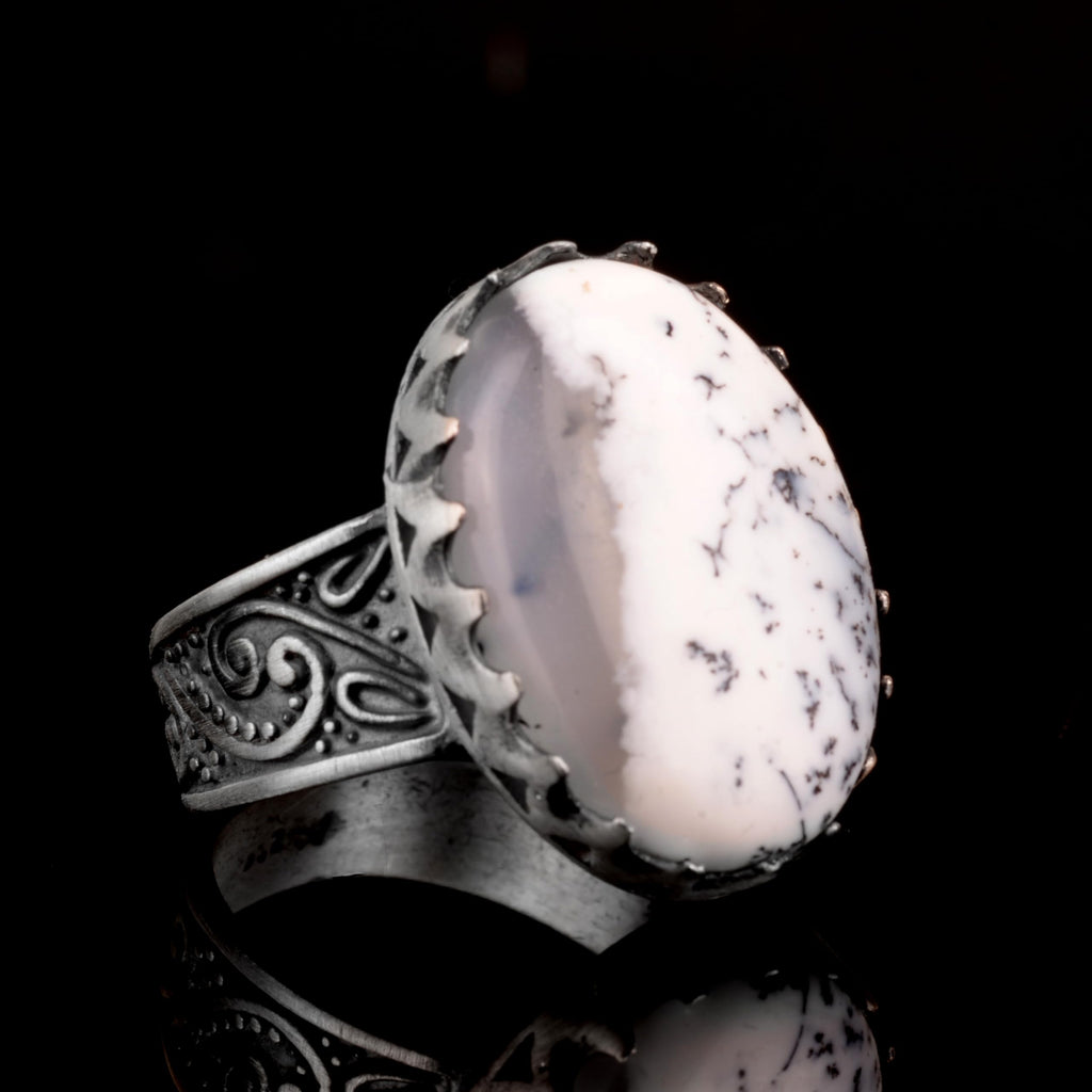 Silver Men's Ring, Dendrite Agate Natural Stone — 4