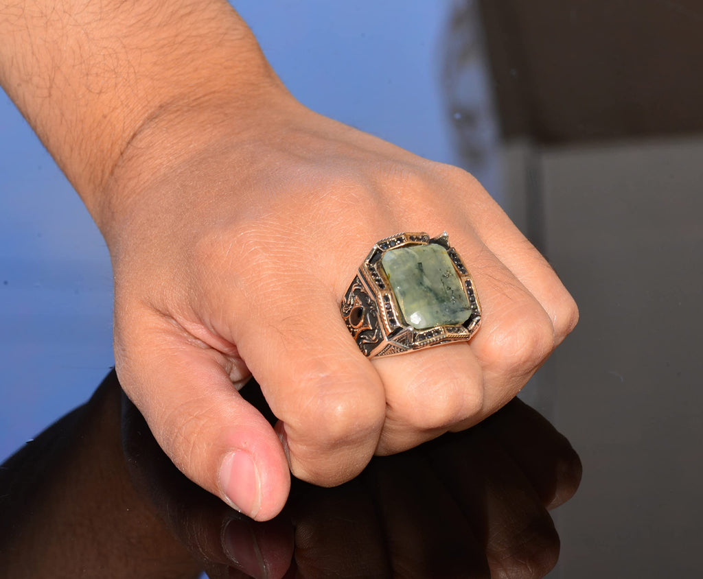 Real Prehnite Jade Ring - 925 Sterling Silver Men's Band Ring — 7