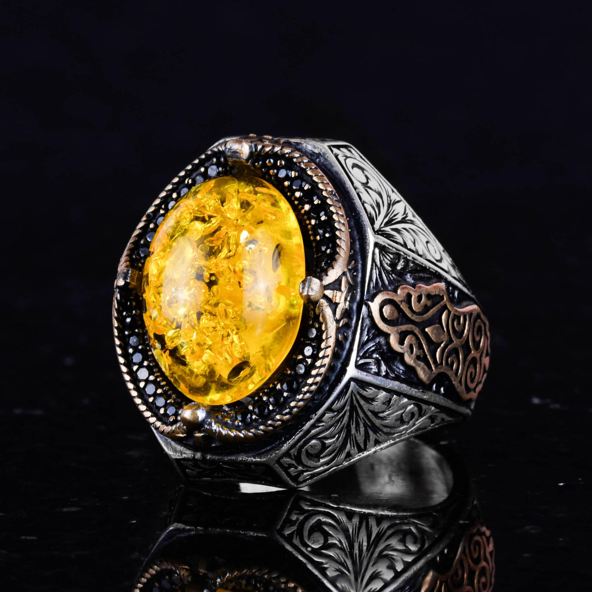 Stylish Handmade 925 Sterling Silver Men's Ring, Artificial Light Yellow Amber Stone — 5