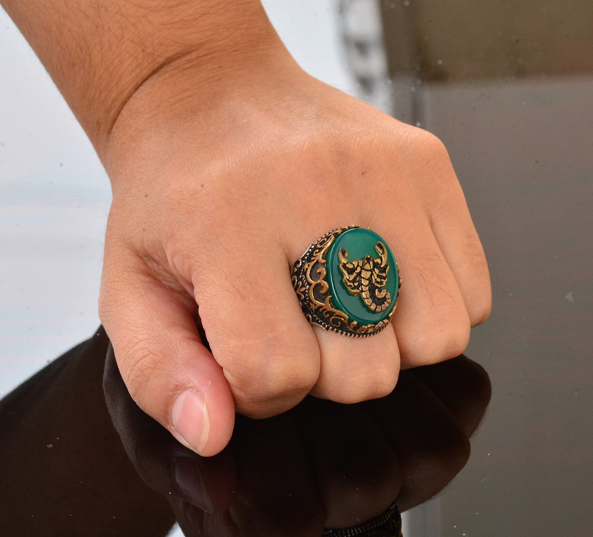 925 Sterling Silver Ring - Symbols Ring - Green Agate Stone Ring (Scorpion) — 7