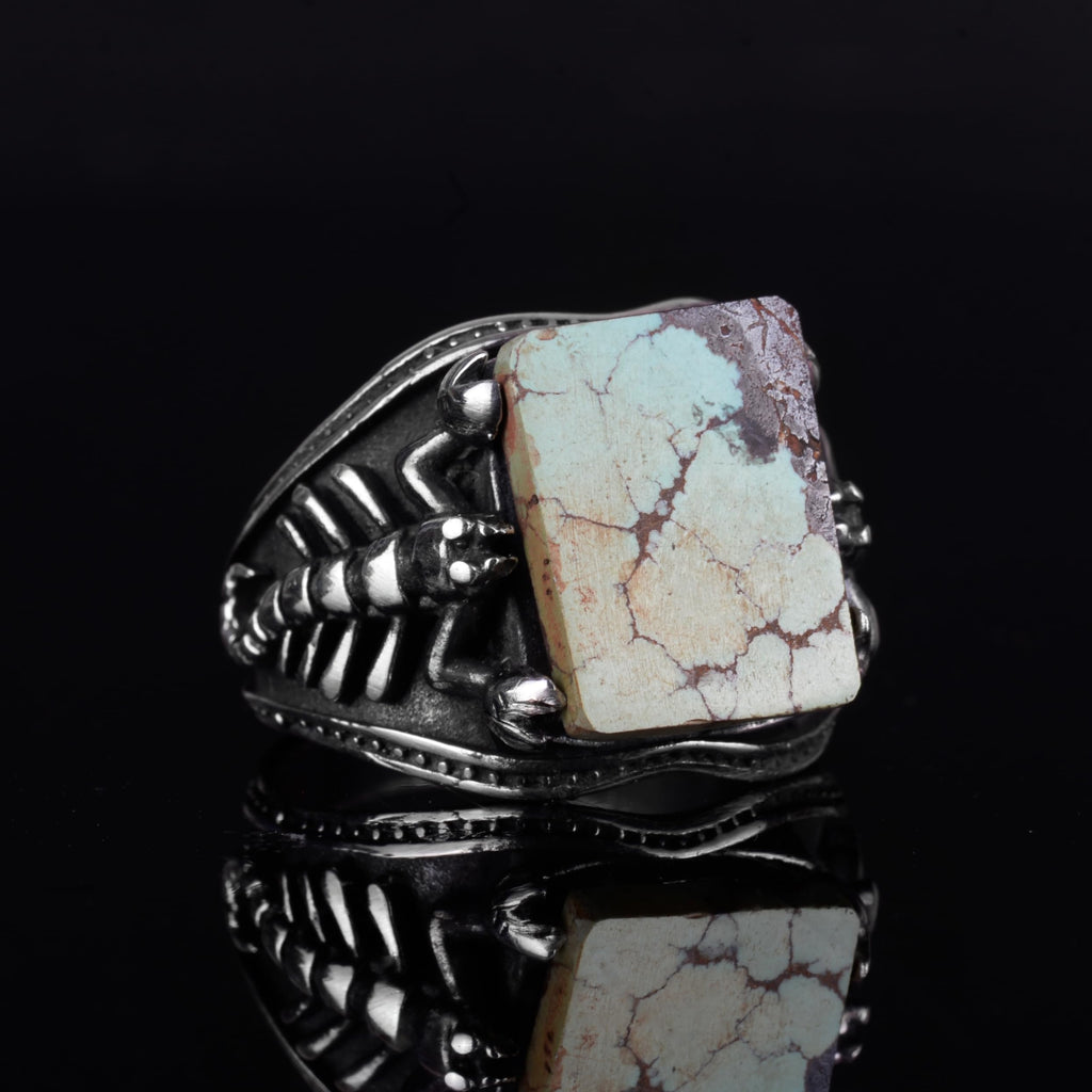 KAMBO Natural Turquoise Stone Men's Ring – 925 Sterling Silver Scorpion Design Statement Ring (Style-2) — 5