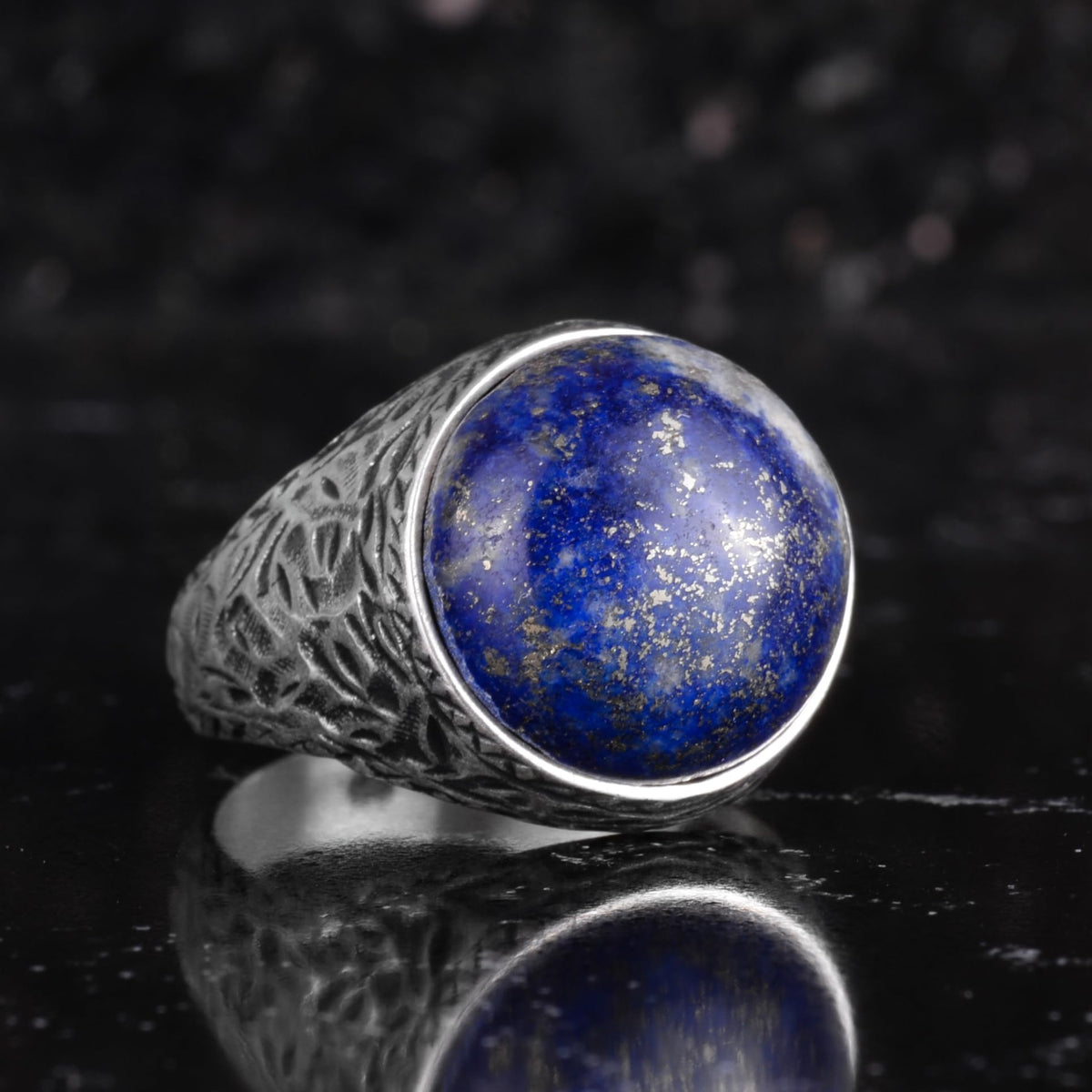 KAMBO Natural Stone Men's Ring 925 Sterling Silver Round Cabochon Handmade Statement Ring Stone (Lapis Lazuli) — 6