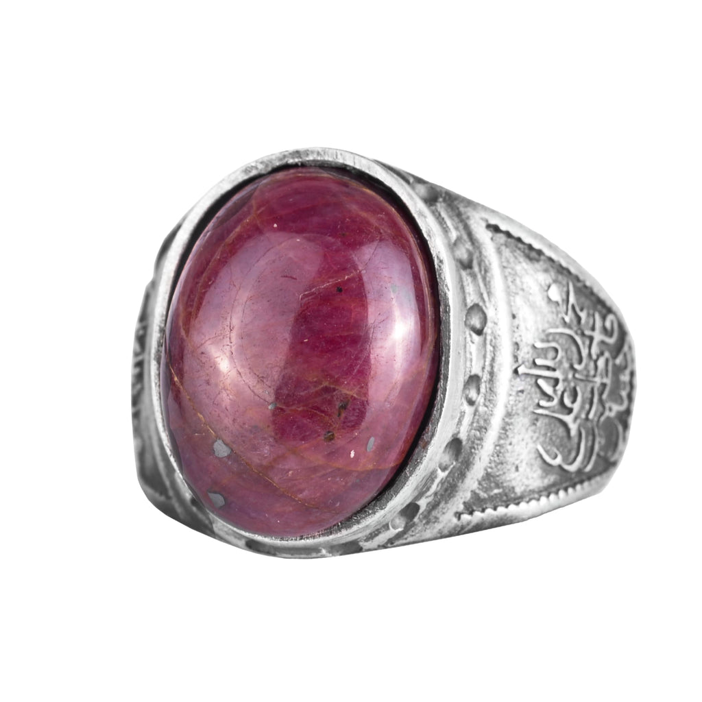 KAMBO Natural Ruby Stone Men's Ring 925 Sterling Silver - Carved Vintage Design Handmade Jewelry with Oval Ruby Statement Ring