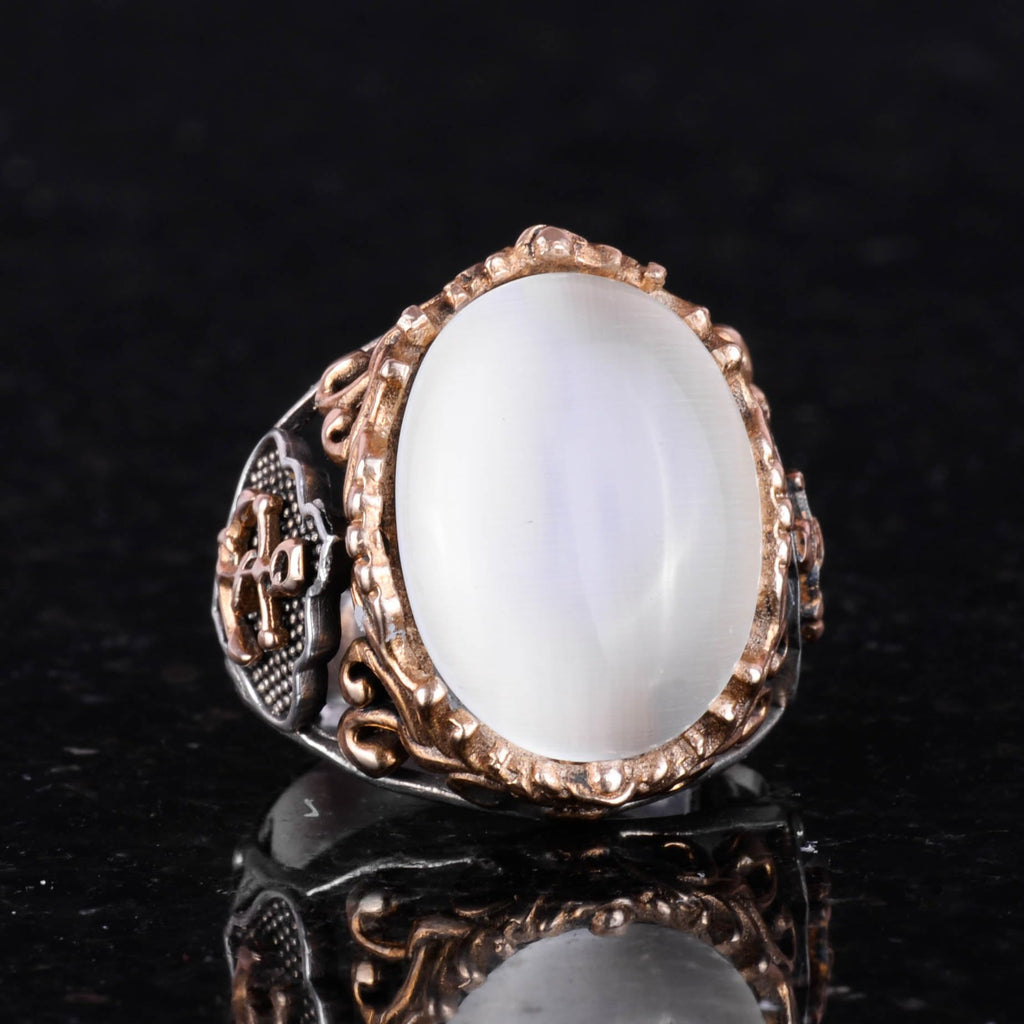 KAMBO White Catseye Created Stone Ring in 925 Sterling Silver - Unique Sailor Anchor Design - Diverse Collection of Crea