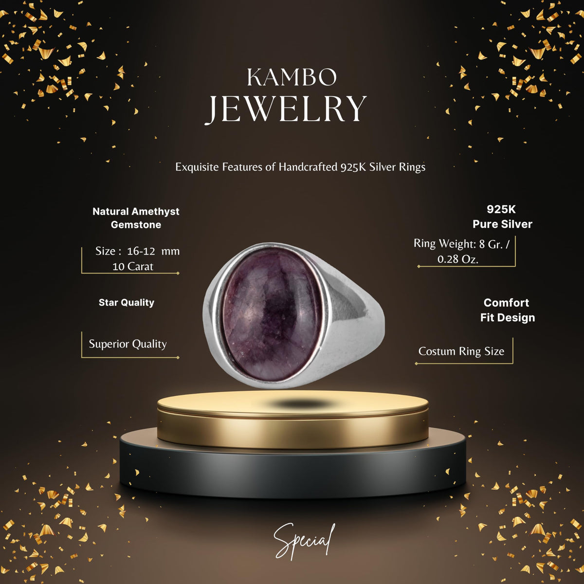 KAMBO Natural Men's Ring – 925 Sterling Silver Minimalist Oval Stone Ring – Handmade Classic Statement Jewelry (Amethyst) — 2