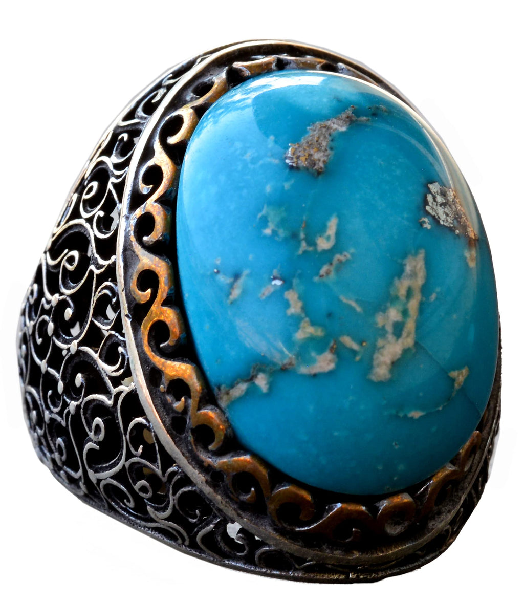 Natural Arizona Turquoise Stone Ring, 925 Sterling Silver Men's Ring (Model-3)