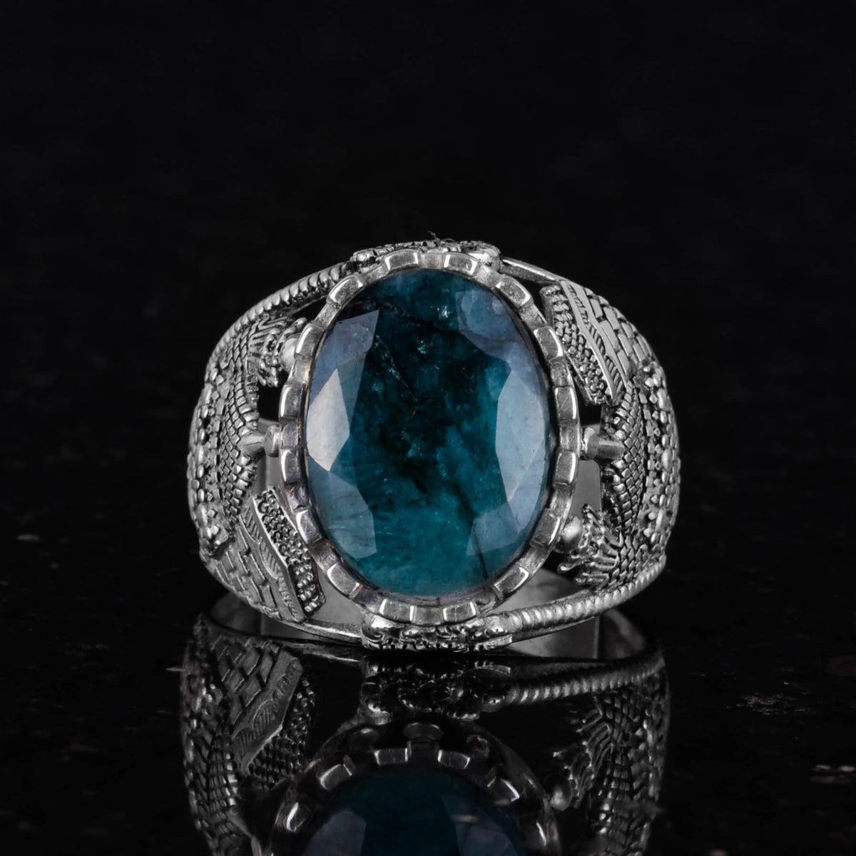 Natural Emerald Stone Ring, 925 Sterling Silver Men's Islamic Ring — 4