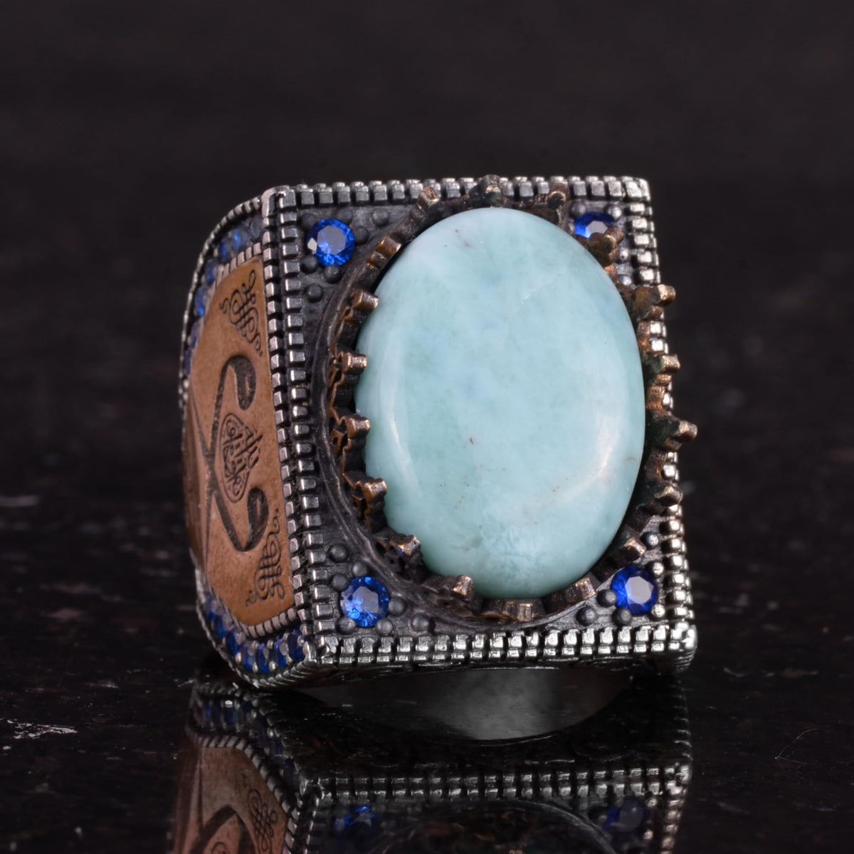 Natural Larimar Stone Ring - 925 Sterling Silver Islamic Ring - Handcrafted Calligraphy Ring — 5