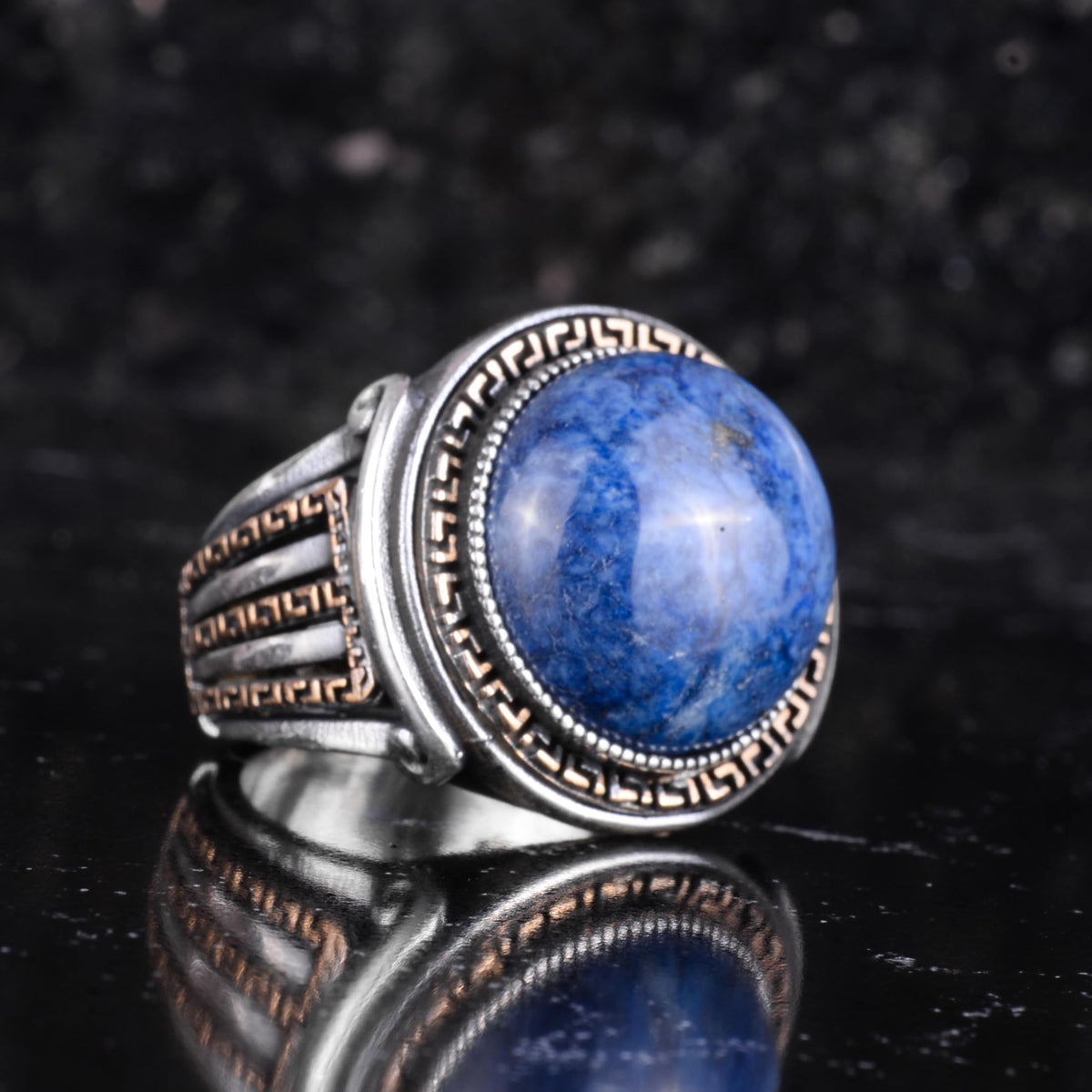 KAMBO Stone Round Men's Ring 925 Sterling Silver – Cabochon Handmade Vintage Greek Pattern Statement Ring (Lapis Lazuli) — 6