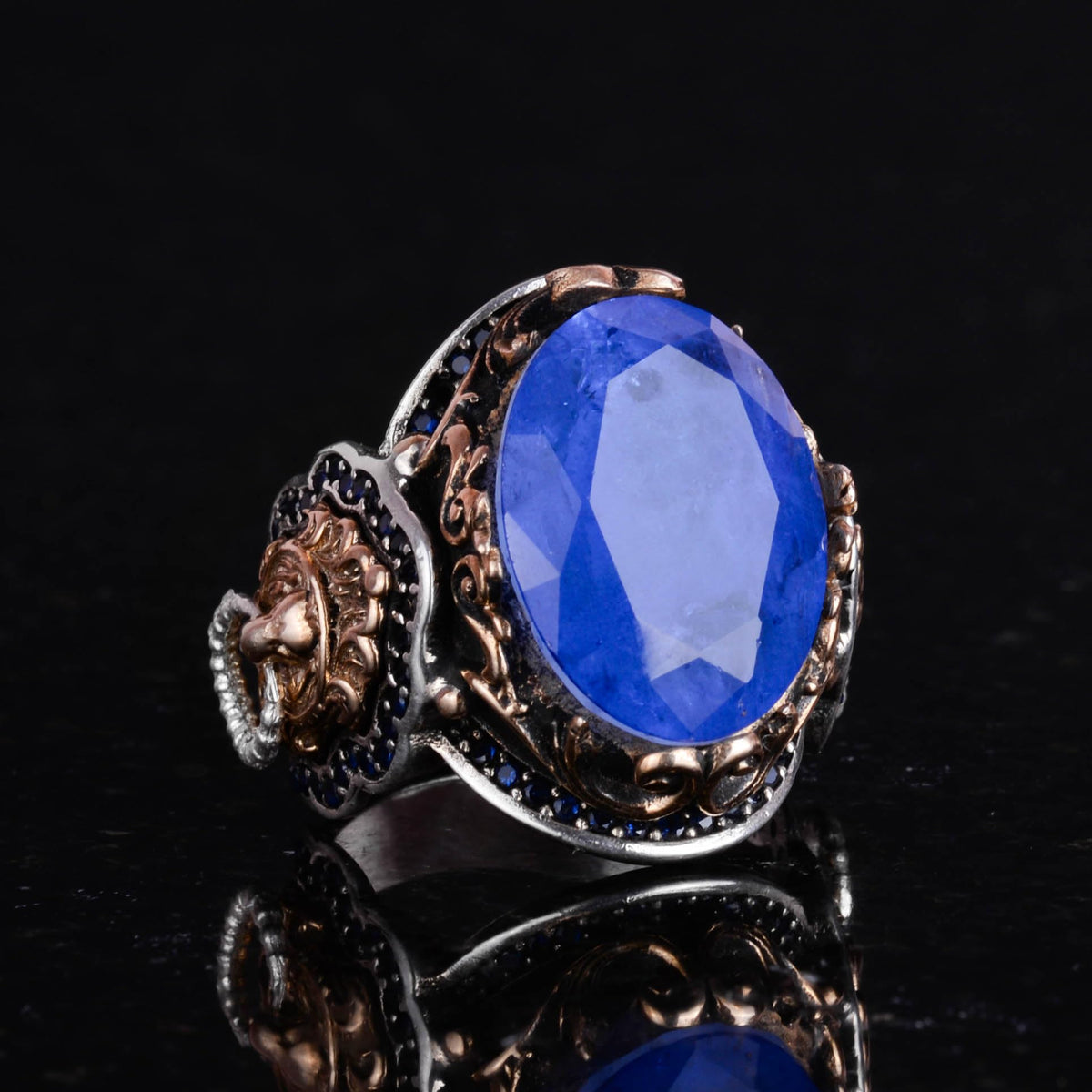Lion Symbol Ring, Blue Artificial Paraiba Stone Ring, 925 Sterling Silver Ring, Stylish Handmade Silver Men's Ring — 4