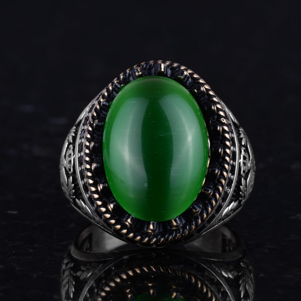 KAMBO 925 Sterling Silver Men's Ring, Created Stone Ring, Eagle Symbol Ring, Handmade Ring (Created Green Cat's Eye) — 4