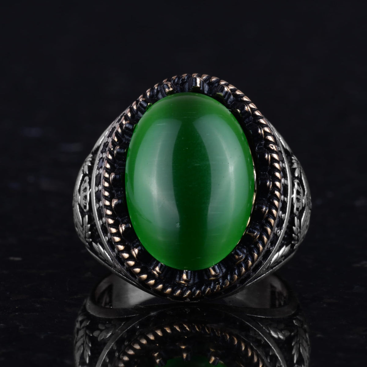 KAMBO 925 Sterling Silver Men's Ring, Created Stone Ring, Eagle Symbol Ring, Handmade Ring (Created Green Cat's Eye) — 4