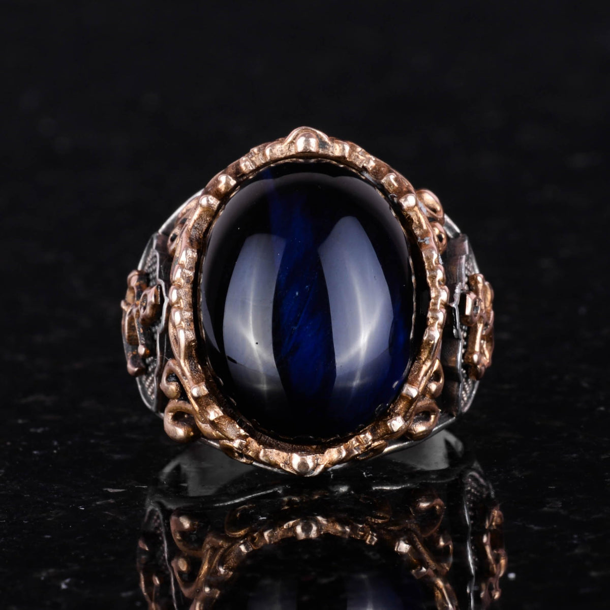 Nautical Anchor Dark Blue Cat's Eye Synthetic Stone Ring, 925 Sterling Silver — 3