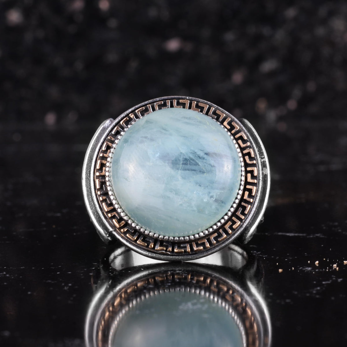 KAMBO Stone Round Men's Ring 925 Sterling Silver – Cabochon Handmade Vintage Greek Pattern Statement Ring (Aquamarine) — 4