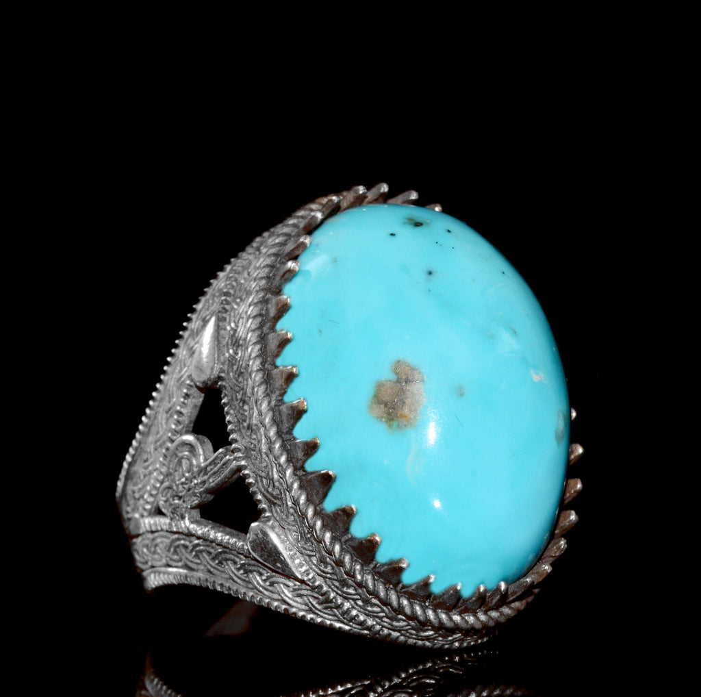 Silver Ring - Natural Turquoise Oval Stone, Ottoman Design — 3