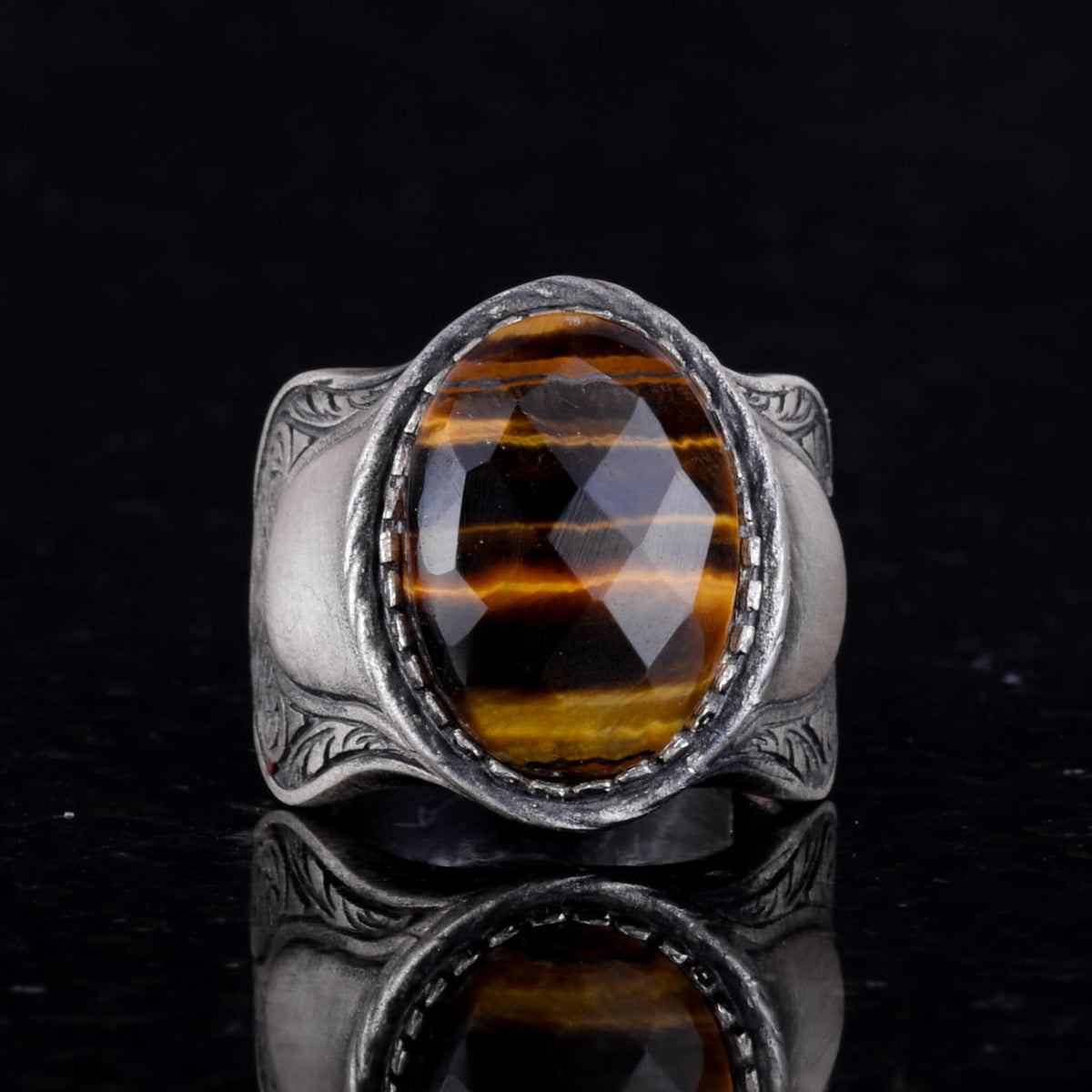 Natural Stone Ring, 925 Sterling Silver Ring, (Tiger Eye) — 6