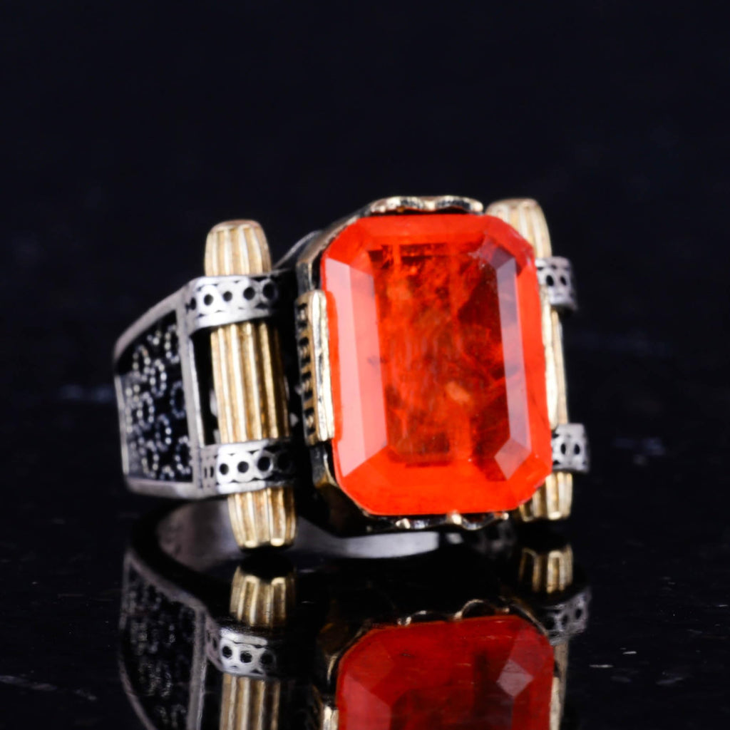 Kambo Synthetic Orange Paraiba Stone Ring - 925 Sterling Silver Handcrafted Men's Jewelry — 5